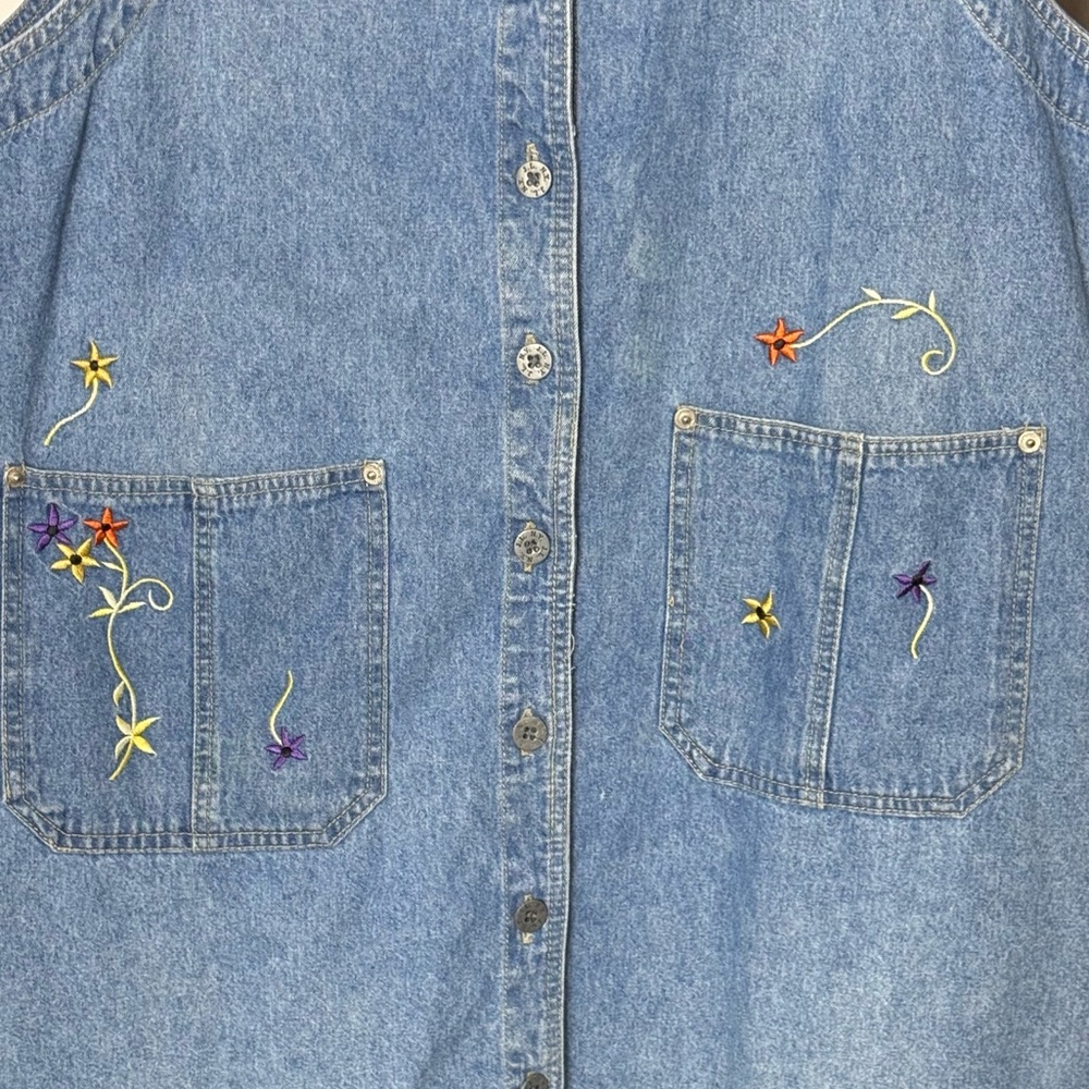 VTG Denim Button Front Floral Embroidered Boxy Dress Size 2X V-Neck Knee Length - Picture 6 of 10